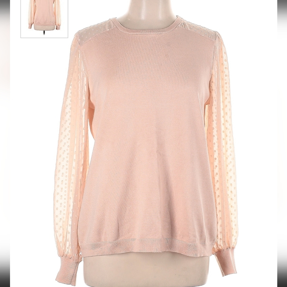 Adrianna Papell Pink Sheer Sleeved Sweater Blouse Large L Shirt Top